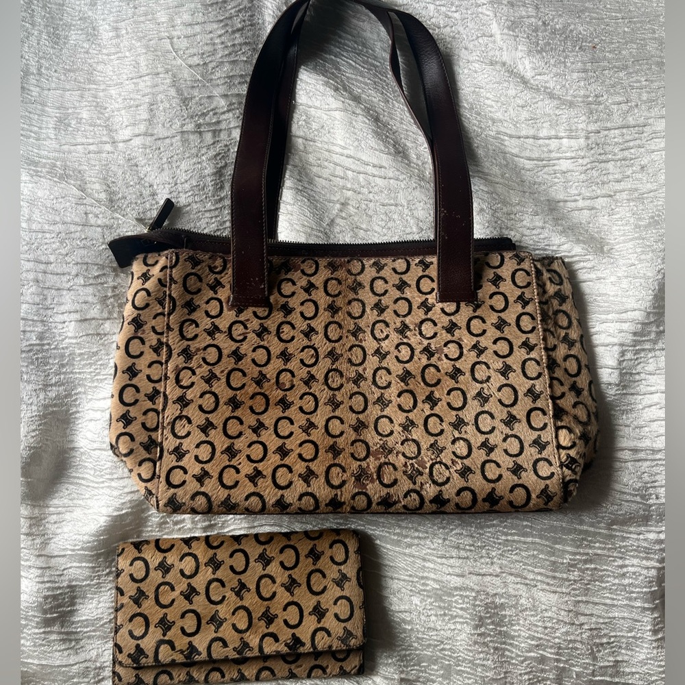 Beige Fur Celine Paris Shoulder Bag and Wallet